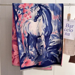 Artistic oil painting style thick cashmere shawl with white horse and floral patterns