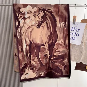 Close-up of thick vintage horse print shawl with fringe detail in earth tones