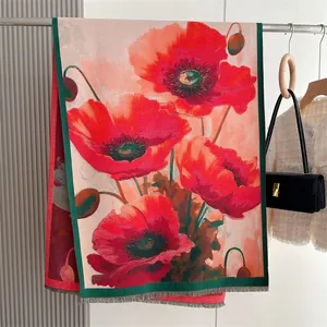 Retro digital print cashmere-like scarf with vibrant red poppy pattern and green border