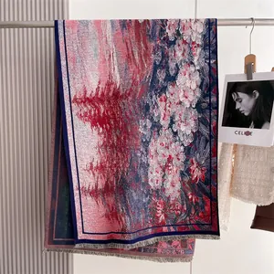Close-up of vintage ethnic floral print thick cashmere shawl with fringe details