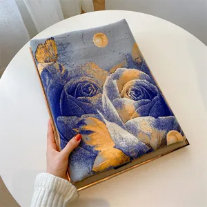 Übergroßer warmer Schal im Van-Gogh-Stil mit blauen und gelben Blumen-Ölgemäldemustern