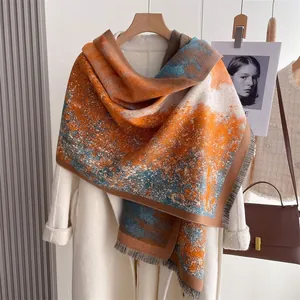 Detailed view of colorful abstract oil painting print scarf with soft fringe trim