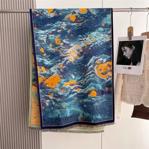 Detail of artistic star-pattern pashmina shawl with thick fringe and digital print