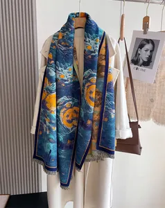 Close-up detail of thickened cashmere-like scarf featuring Van Gogh Starry Night print