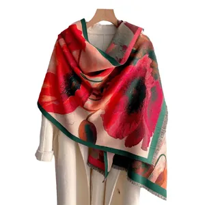 Vintage retro digital print thickened cashmere scarf with red poppy pattern and fringe