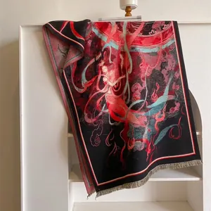 Écharpe en Imitation Cachemire Épaissie de Style Chinois Pour Femmes Châle à Impression Numérique Vintage Avec Glands Dragon Phénix Enveloppement Chaud d'Hiver