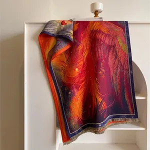 Écharpe chaude épaisse avec imprimé phénix et pompons gris élégants au style chinois