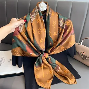 Elegant vintage brown and green floral silk scarf with luxury chain print and star pattern
