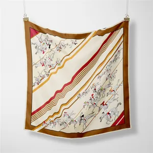 Élégant foulard en soie avec imprimé équestre vintage aux tons marron et rouge