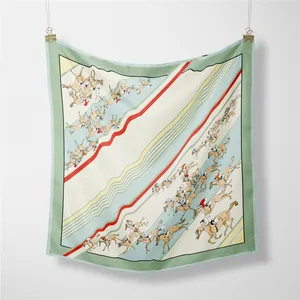 Carré de soie élégant motif équestre avec bordures vert menthe, foulard femme 55x55cm