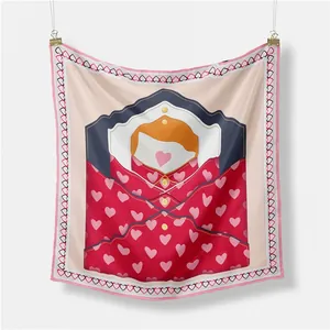 Detail of 53cm square silk scarf with romantic red heart and envelope patterns