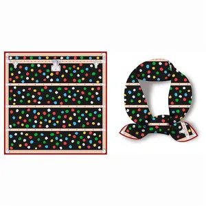 53cm square silk scarf featuring colorful polka dots and vintage trunk belt patterns