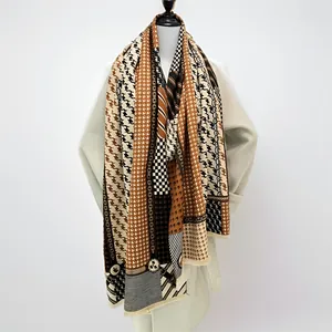 Classic houndstooth and chain pattern winter shawl scarf in soft earthy tones