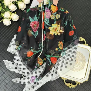 Floral georgette silk scarf for women featuring colorful flower print and polka dot edges