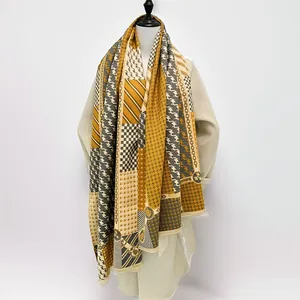 Houndstooth pattern cashmere feel scarf in ginger and black for women winter fashion