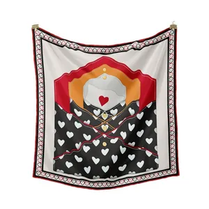 Silk-feel square scarf with red heart and envelope patterns on a clean white background