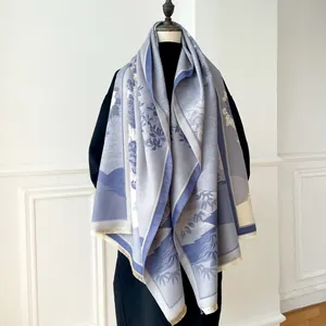Elegant Chinese style faux cashmere shawl with vintage blue floral landscape and fringe