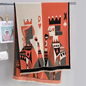 Faux Cashmere Scarf Women Poker Card Queen King Pattern Thick Warm Winter Shawl With Tassels Retro Artistic Long Scarf