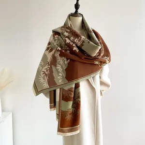 Winter cashmere-feel shawl with vintage floral landscape jacquard and tassel edges