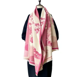 Winter faux cashmere shawl with retro floral print and tassels in pink and cream