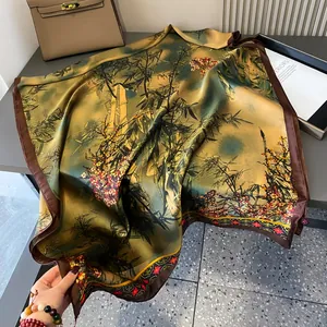 Sciarpa di lusso in seta satinata con stampa classica cinese di bambù e fiori di prugno
