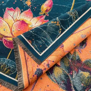 Detail of oil painting style scarf showing double-sided lotus pattern and tassels