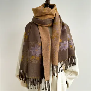 Floral cashmere-feel scarf with fringes in brown and mustard yellow bicolor design