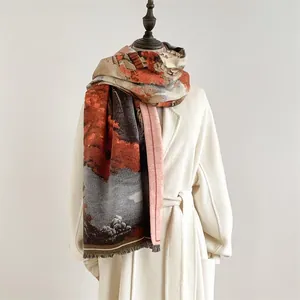 Close-up of winter oil painting style scarf featuring autumn red maple and fringe details