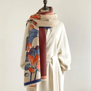 Winter floral jacquard shawl with lotus pattern and thick warm fabric for women