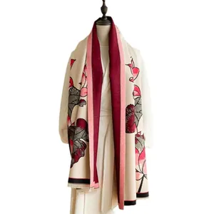 Winter vintage floral shawl with lotus jacquard pattern in thick knitted warm fabric