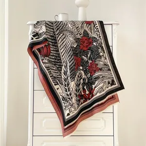 Châle rétro élégant en imitation cachemire avec feuilles de palmier et roses rouges