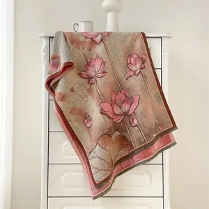Detail of oil painting lotus print scarf with elegant fringe and cashmere texture