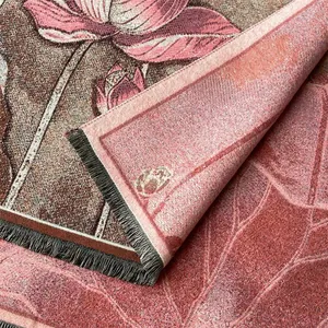 Detail of oil painting style thick scarf showing lotus patterns and tassels