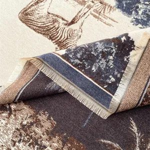 Close-up detail of high-density jacquard weave with vintage forest landscape and deer motif