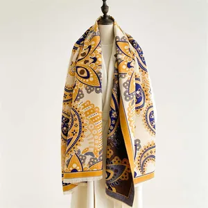 Châle en cachemire aux motifs de fleurs de cajou jaune et bleu avec franges bohèmes