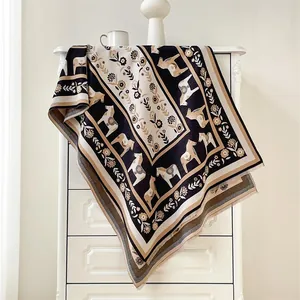 Écharpe Rétro pour Femmes avec Imprimé Cheval Dala et Fleurs Épaisse Chaude en Mélange de Polyester et Coton Façon Cachemire Grand Châle avec Franges pour l'Hiver