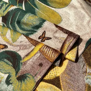 Close-up of thick oil painting style jacquard scarf showing texture and tassels