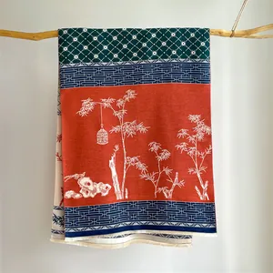 Detail of vintage ethnic scarf showing bamboo pattern and fringe on faux cashmere