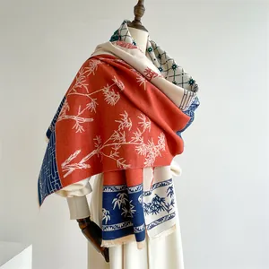 Vintage Ethnic Style Scarf For Women Faux Cashmere Warm Shawl Patchwork Bamboo Floral Print Double Sided Tassel Scarf