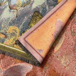 Detailed close-up of heavy faux cashmere scarf with oil painting floral pattern and tassels
