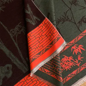Macro shot of ethnic style pashmina shawl featuring detailed bamboo patterns and soft fringes