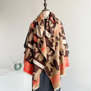 Nordic style cashmere-like scarf with orange cactus print and fringe tassels