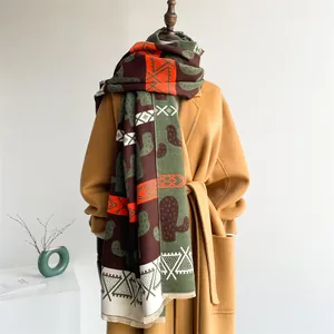 Nordic style cashmere-feel scarf with cactus print, geometric patterns and tassels