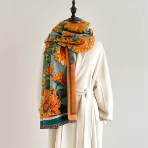 Winter faux cashmere scarf with oil painting sunflower print and fringe details