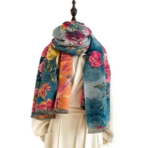 Winter oil painting style floral scarf with tassels made of thick cashmere-like fabric