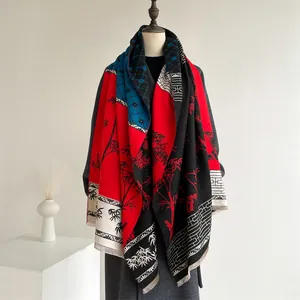 Ethnic style double-sided cashmere scarf with bamboo patterns and fringed edges