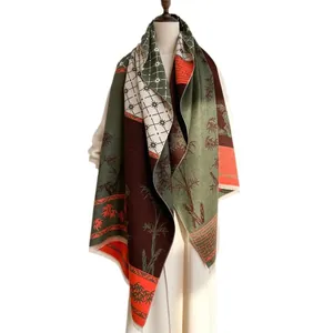 Retro ethnic style thick pashmina shawl with bamboo leaf prints and fringe trim
