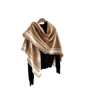 Elegant camel bee pattern cashmere-like pashmina shawl with fringe for winter warmth