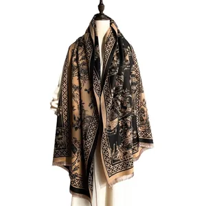 Sciarpa classica con motivo Toile de Jouy francese in nero e cammello invernale