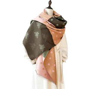 Cashmere feel winter shawl with bee motif and color-block pattern for women